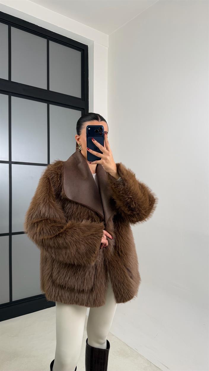 Kahve Çift Taraflı Tasarım Kürk Mont GAUS-00691