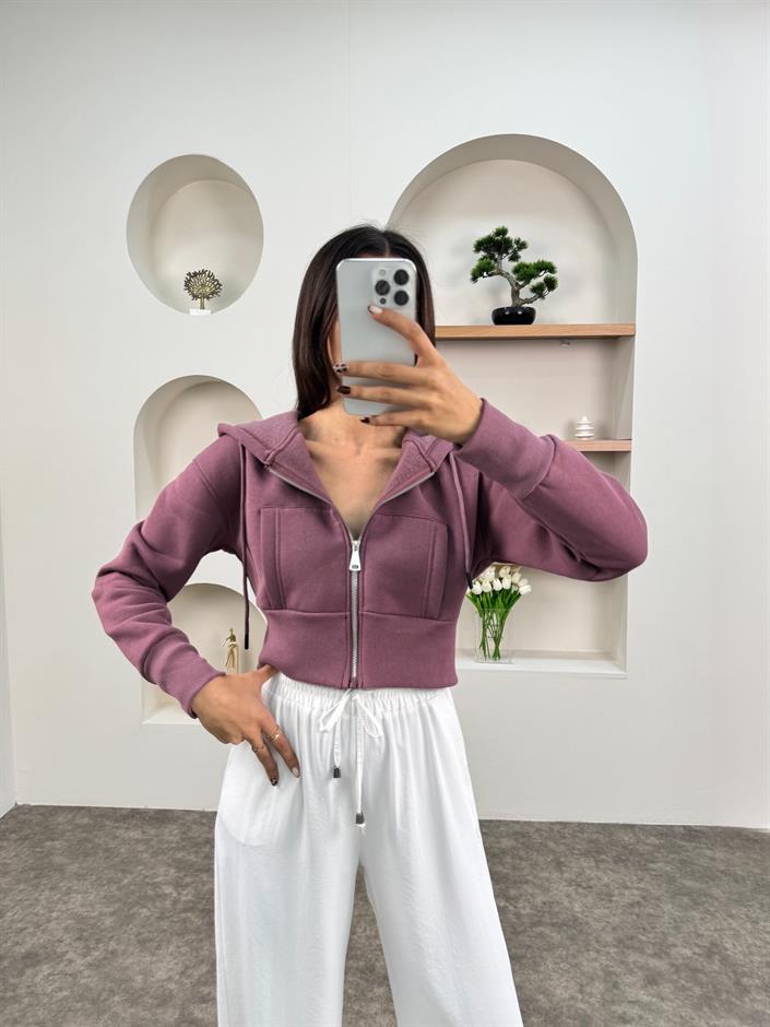 Nerma Gül Kurusu Kapüşonlu Fermuarlı Kısa Sweatshirt