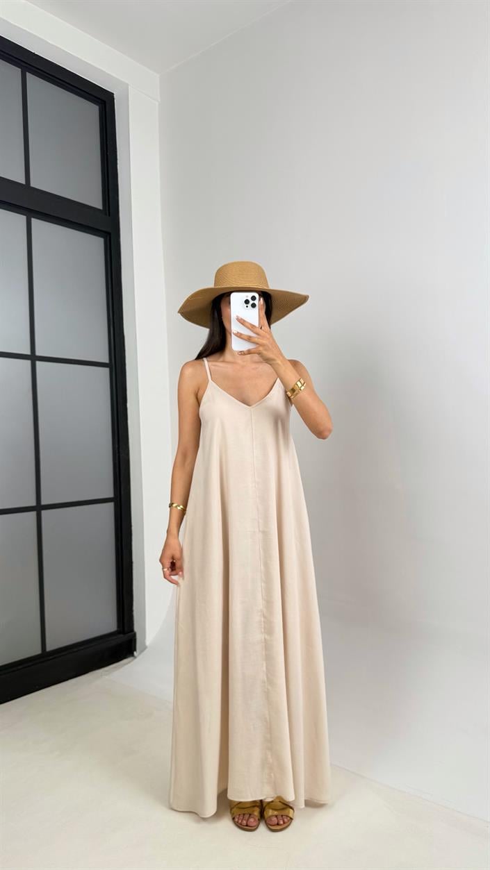 Taş Ayarlanabilir Askılı Astarlı Tencel Elbise Gaus00690