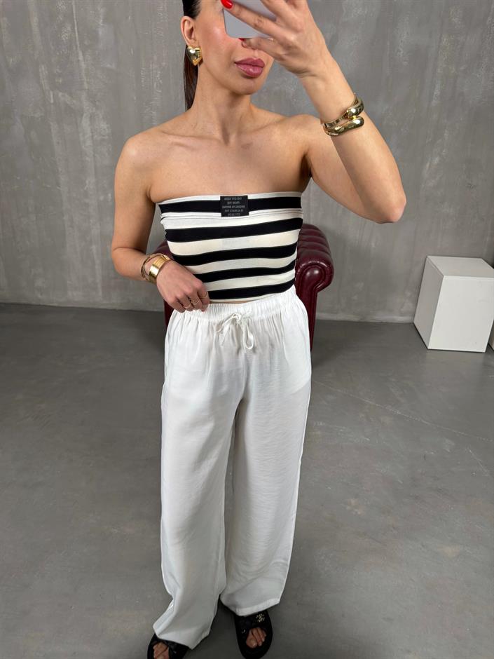 Beyaz Beli Lastikli Tensel Pantolon Gaus00212