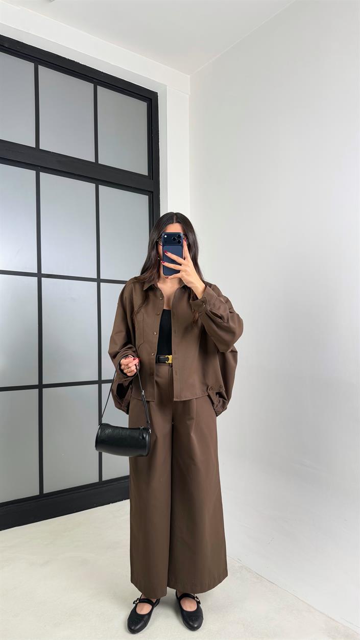 Kahve Gömlek Beli Lastikli Pantolon İthal Kumaş Takım GAUS-00799