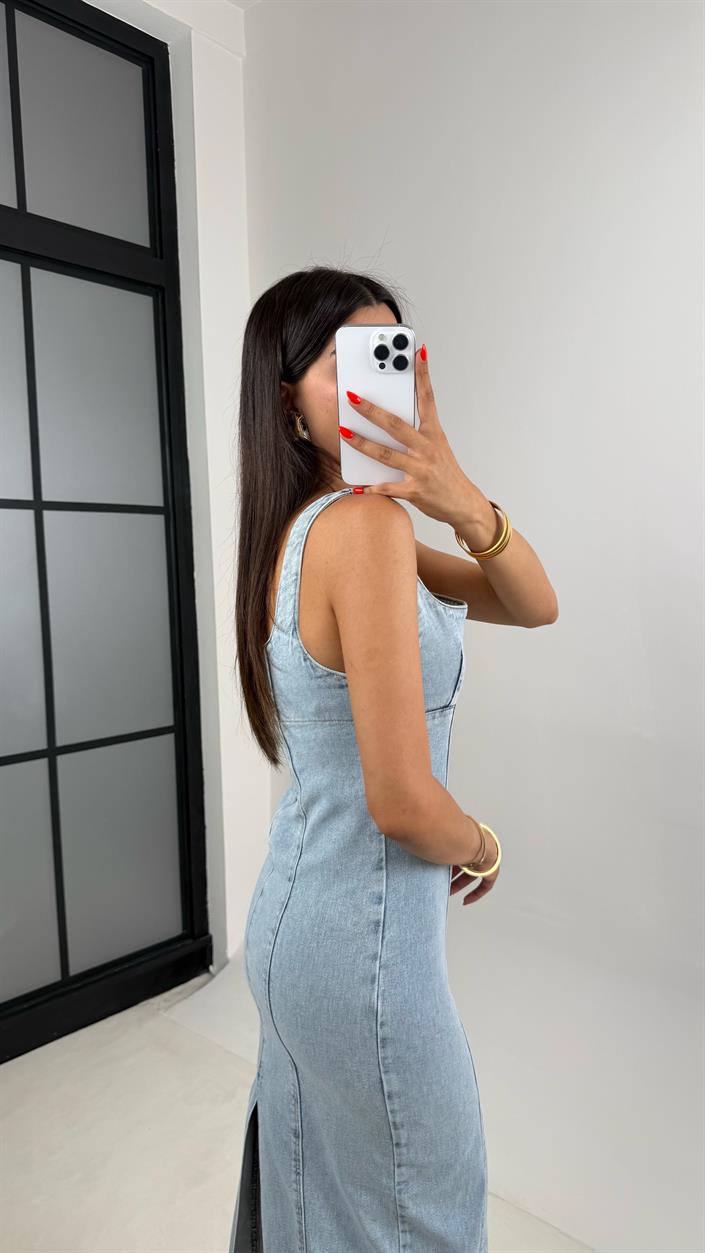 Buz Mavisi Yırtmaç Detaylı Denim Elbise Gaus00693