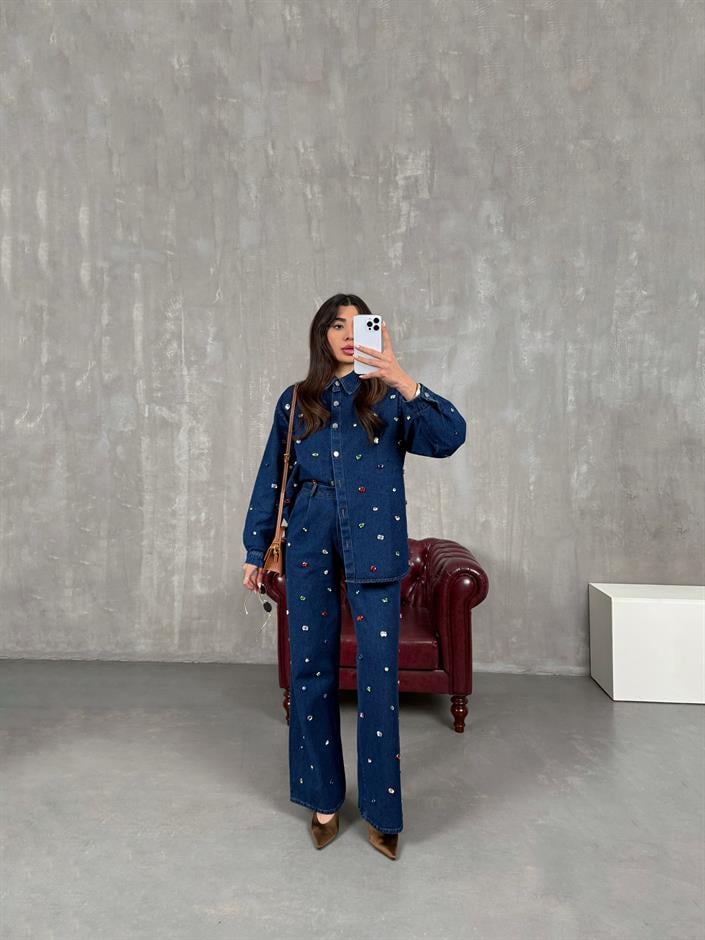 Pares Lacivert Taşlı Tasarım Denim Takım