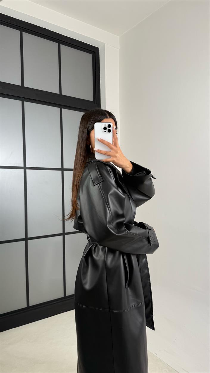 Siyah Yırtmaç Detaylı Astarlı Premium Deri Trençkot GAUS-00575