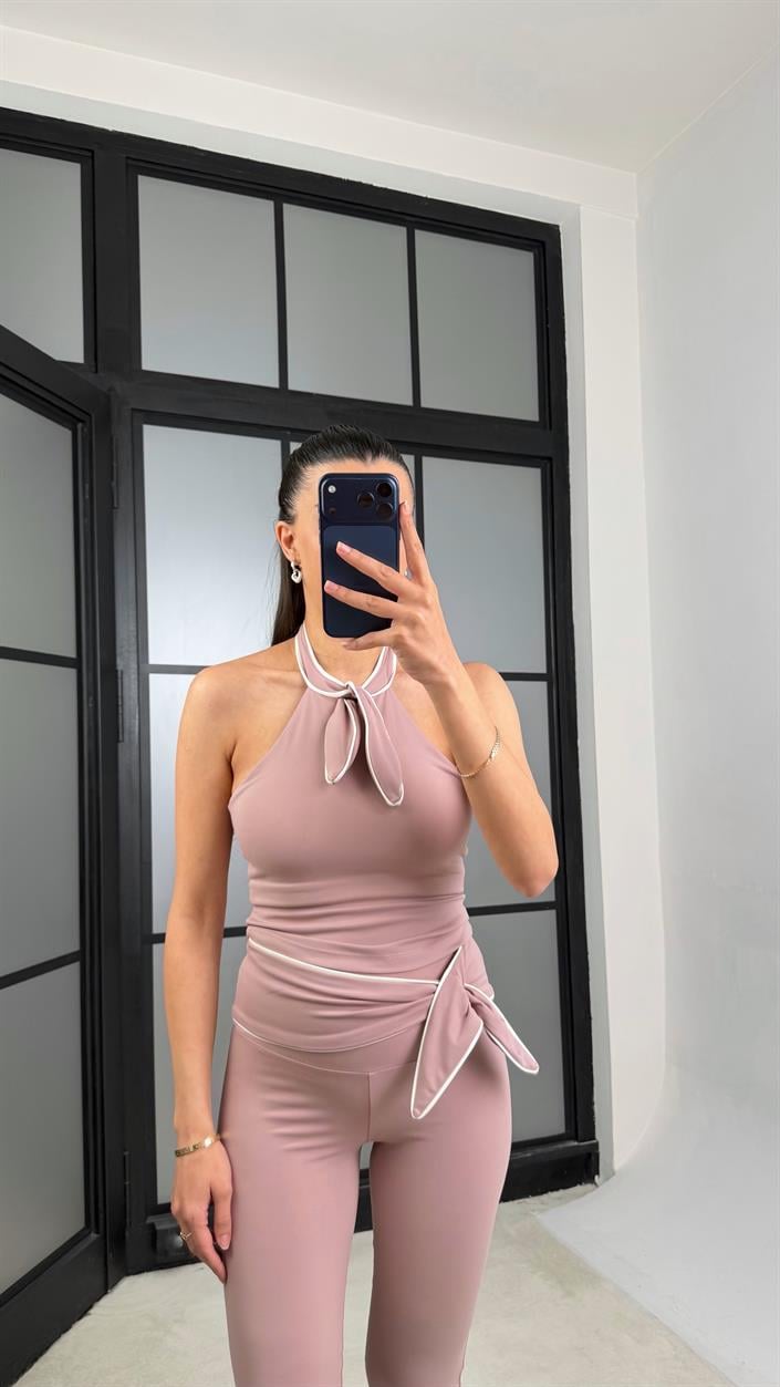 Pudra Pembe OYS Model Fiyonk Detaylı Crop Tayt Takım GAUS-01407