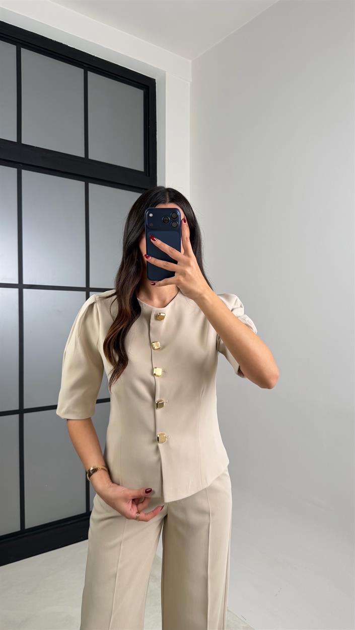 Taş Gold Düğmeli Balon Kol Ceket Beli Lastikli Pantolon Kumaş Takım GAUS-00748