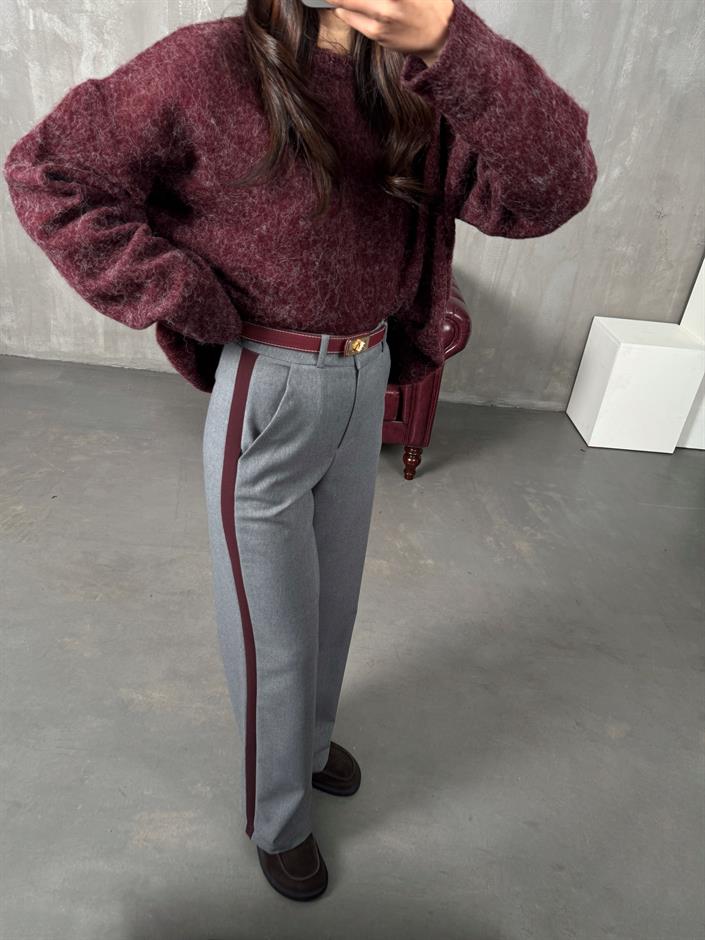 Rodni Gri Bordo Şeritli Yünlü Poliviskon Tasarım Pantolon