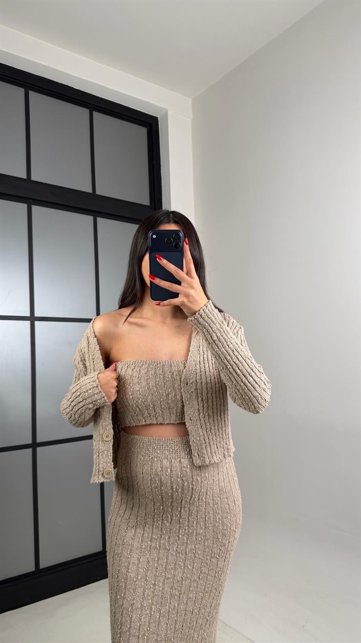 Vizon Hırka Crop Beli Lastikli Yırtmaç Detaylı Etek Triko Takım GAUS-00969