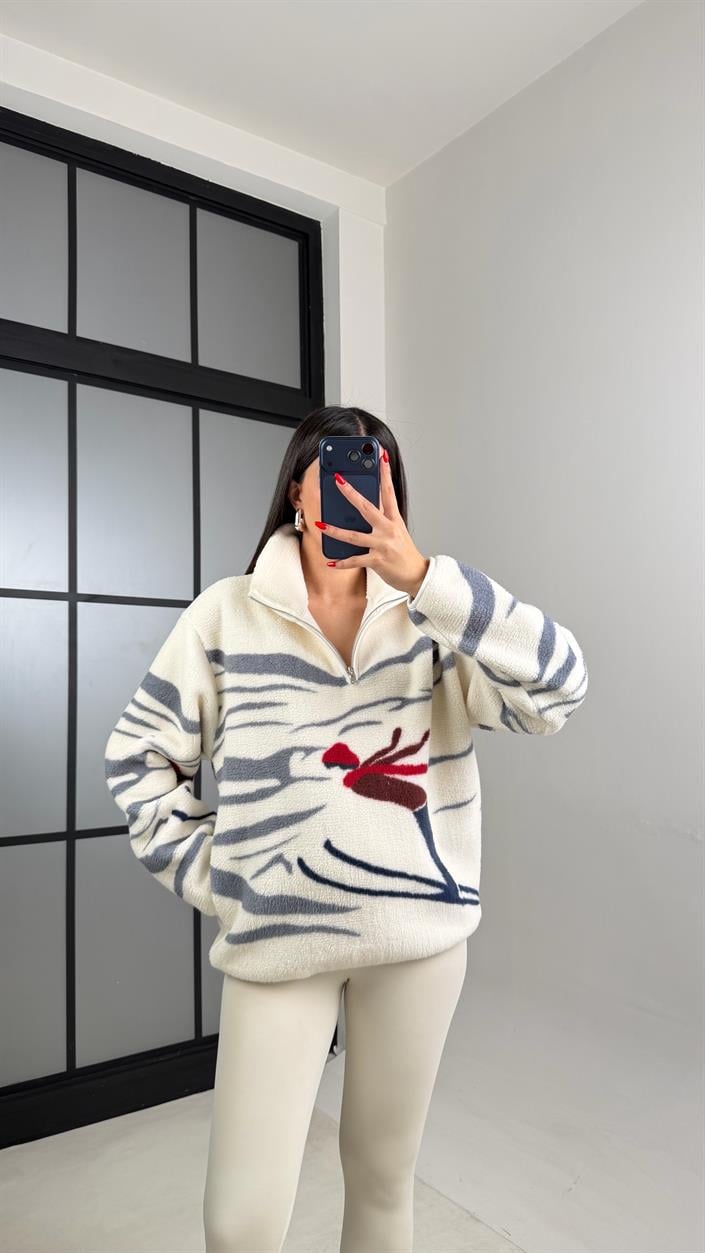 Krem Fermuarlı Kızak Desenli Polar Sweatshirt Gaus-00723 gaus-01029