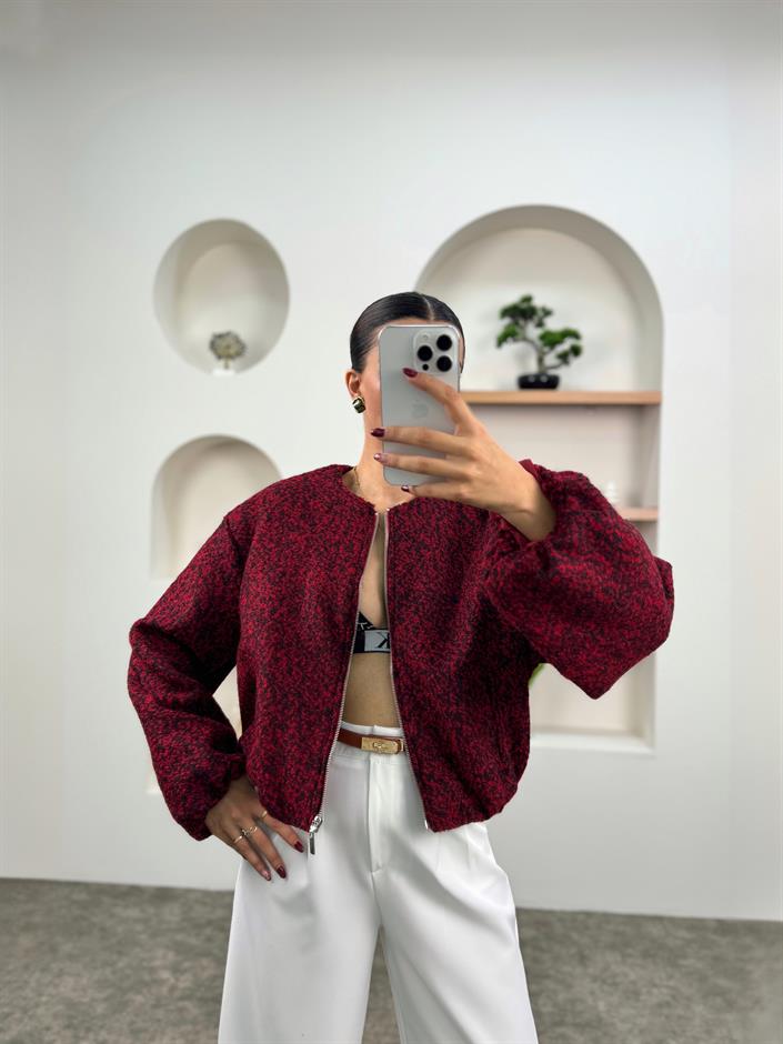 Betty Bordo ZR Model Balon Kollu Astarlı Kaşe Bomber Ceket