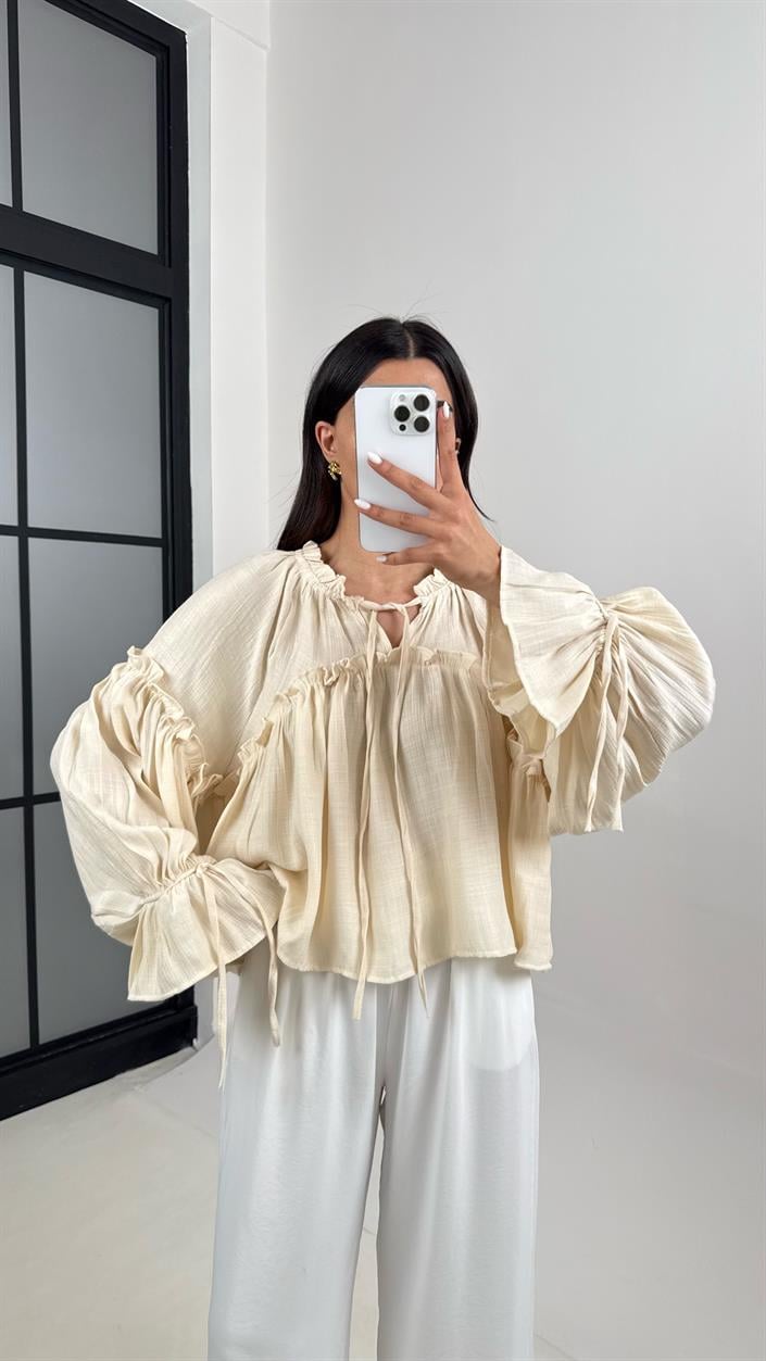 Taş Önü Bağlamalı Fırfırlı İthal Kumaş Bluz Gaus00395