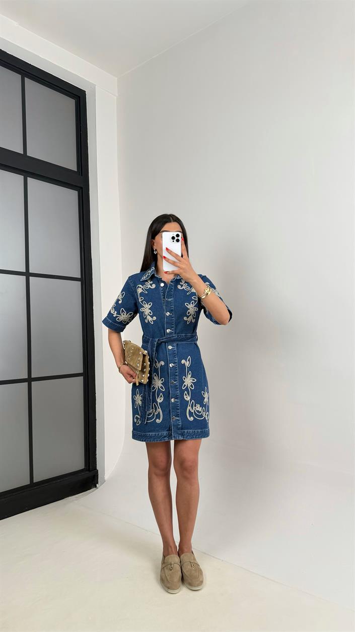 Lacivert Nakışlı Kuşaklı Tasarım Denim Elbise Gaus00470
