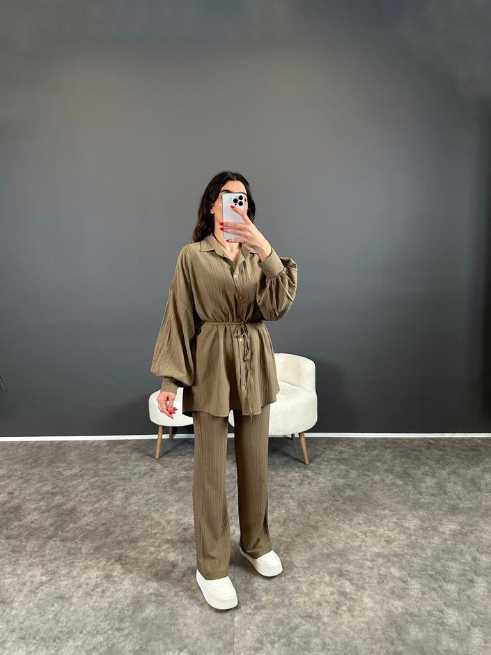 Heidy Soft Yeşil Gofre Kumaş Kemerli İkili Takım
