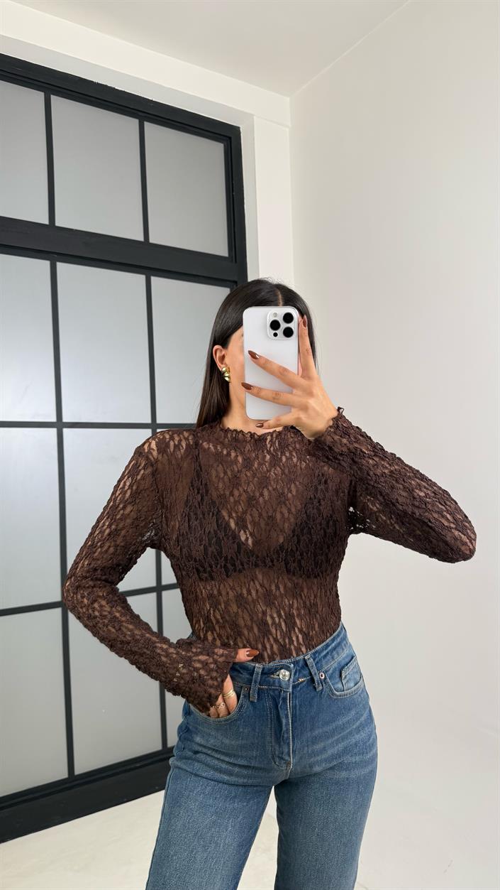Acı Kahve Dantelli Transparan Uzun Kol Bluz GAUS-00172