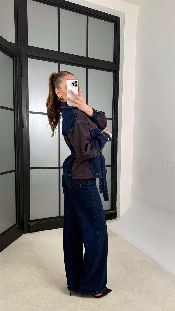 Lacivert Garnili Kuşaklı Ceket Pantolon Denim Takım GAUS-01234