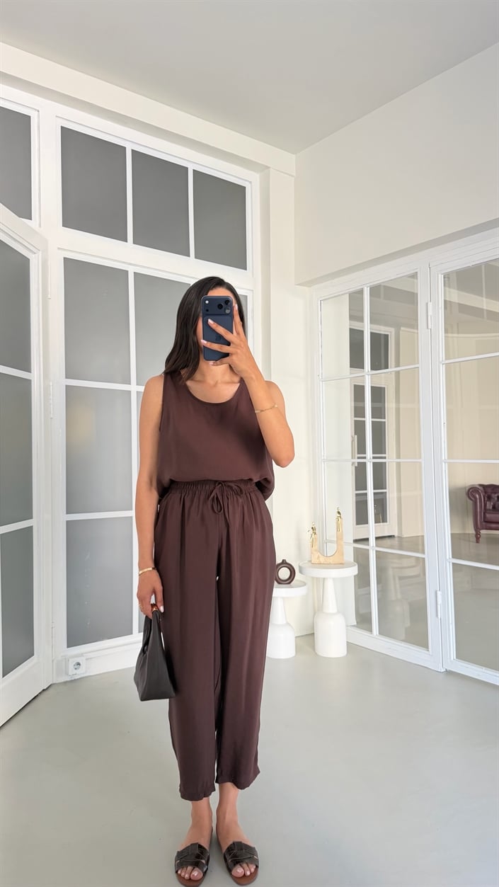 Kahve Bluz Beli Lastikli Pantolon İkili Tencel Takım GAUS-01769