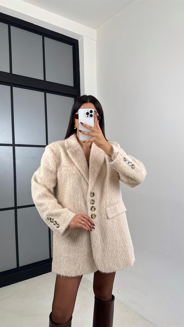 Ekru Astarlı Vatkalı Keçe Kumaş Blazer Ceket GAUS-00225
