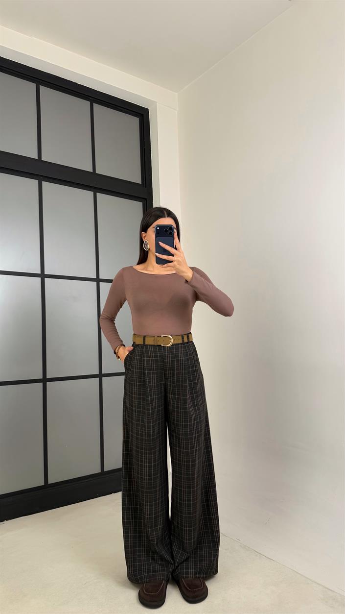 Füme Pile Detaylı Desenli Kumaş Pantolon GAUS-00911