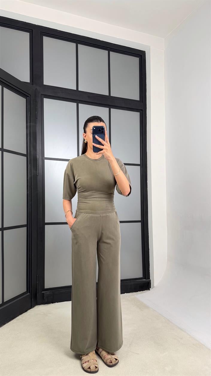 Haki Bluz Beli Lastikli Pantolon Modal Muadil Takım GAUS-01547