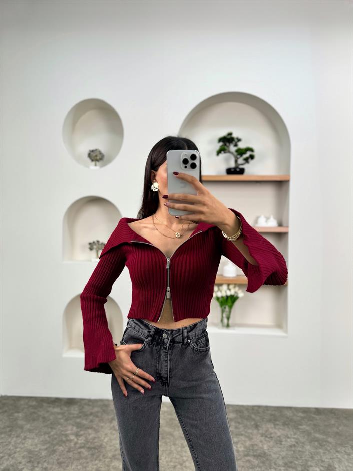 Brook Bordo Fitilli Fermuarlı Crop Hırka