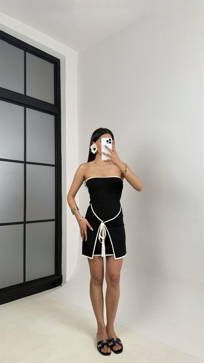 Siyah Bağlama Detaylı Straplez Triko Mini Elbise Gaus00543