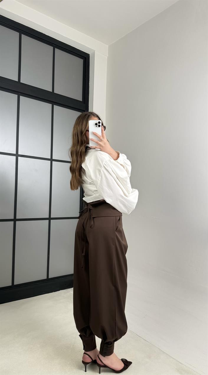 Acı Kahve Kuşaklı Tasarım Şalvar Pantolon GAUS-01118