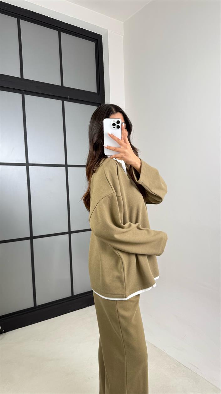 Camel Tshirt Detaylı Kazak Beli Lastikli Pantolon İkili Triko Takım GAUS-00485
