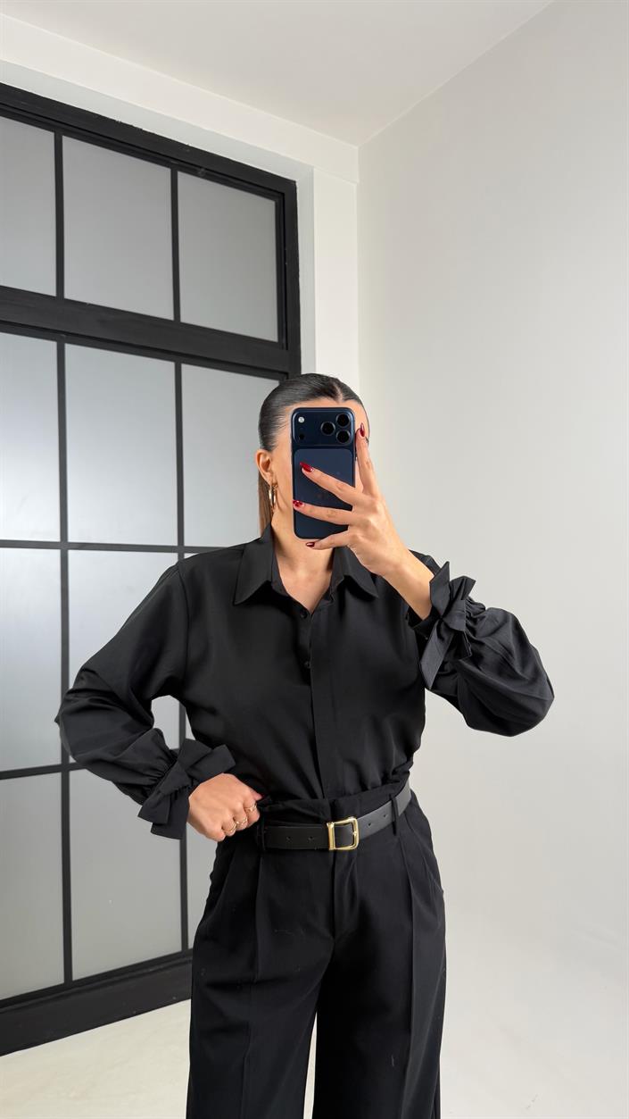 Siyah Kol Kurdele Detaylı Gömlek GAUS-00680