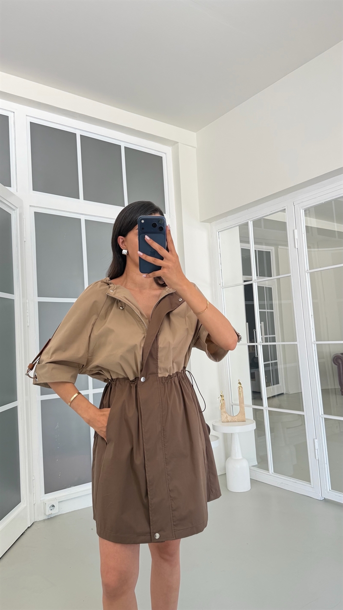 Camel Beli Lastikli Paraşüt Kumaş Elbise GAUS-01806