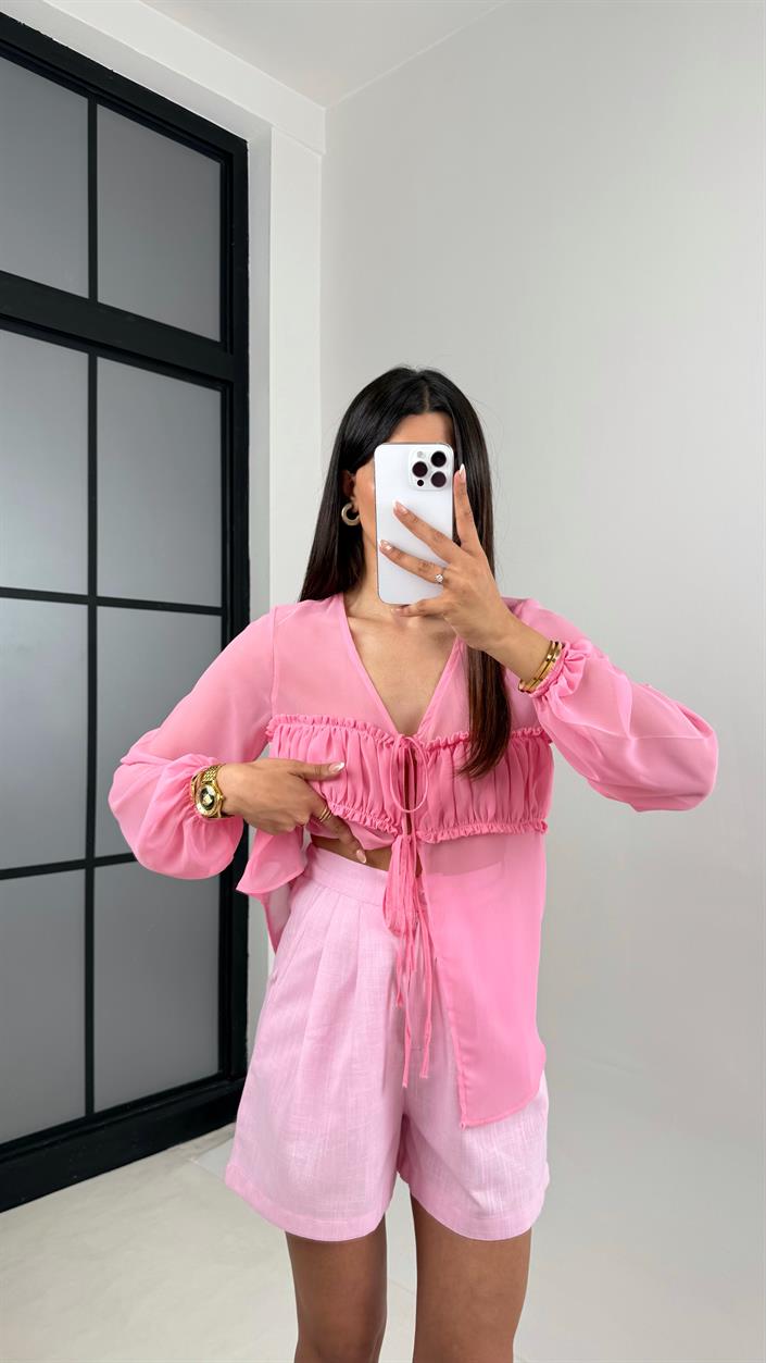 Pembe Önü Bağlamalı Transparan Gömlek Keten Şort Takım Gaus00615