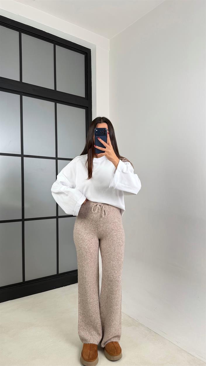 Bej Beli Lastikli Yumuşak Dokulu Triko Pantolon GAUS-00652