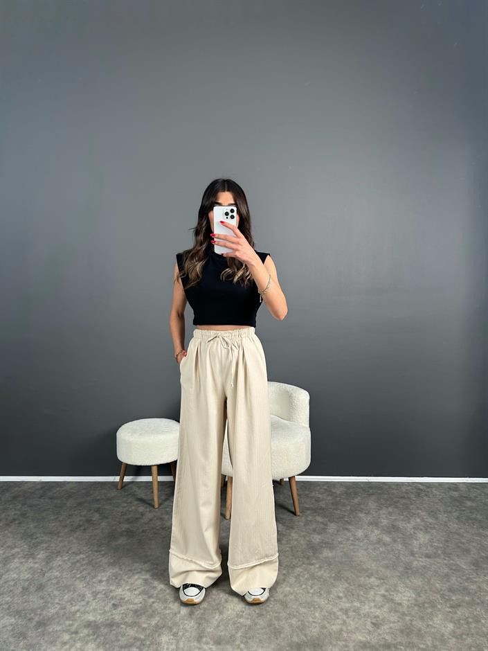 Bol Paça Detaylı Gabardin Beli Lastikli Pantolon 