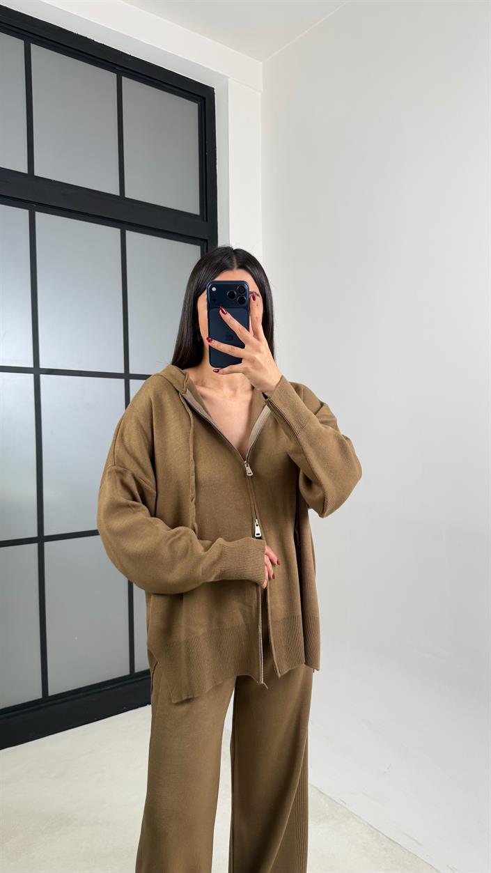 Kahve Çift Fermuarlı Kapüşonlu Hırka Beli Lastikli Pantolon İkili Triko Takım GAUS-00676