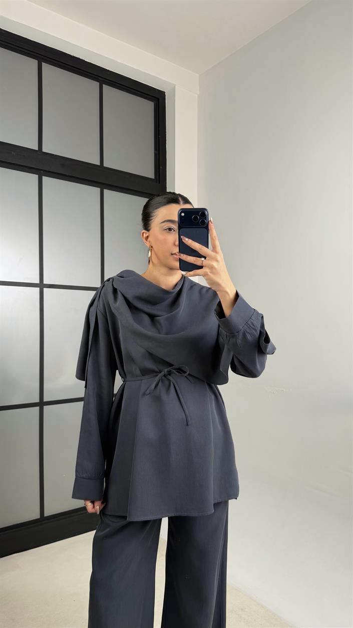 Antrasit Şal Detaylı Belden Kuşaklı Beli Lastikli İthal Kumaş İkili Takım GAUS-01154