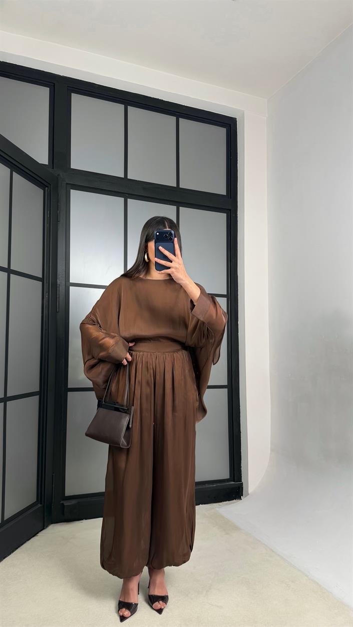Kahve Transparan Pelerin Beli Lastikli Şalvar Pantolon Premium Tasarım Takım GAUS-01292