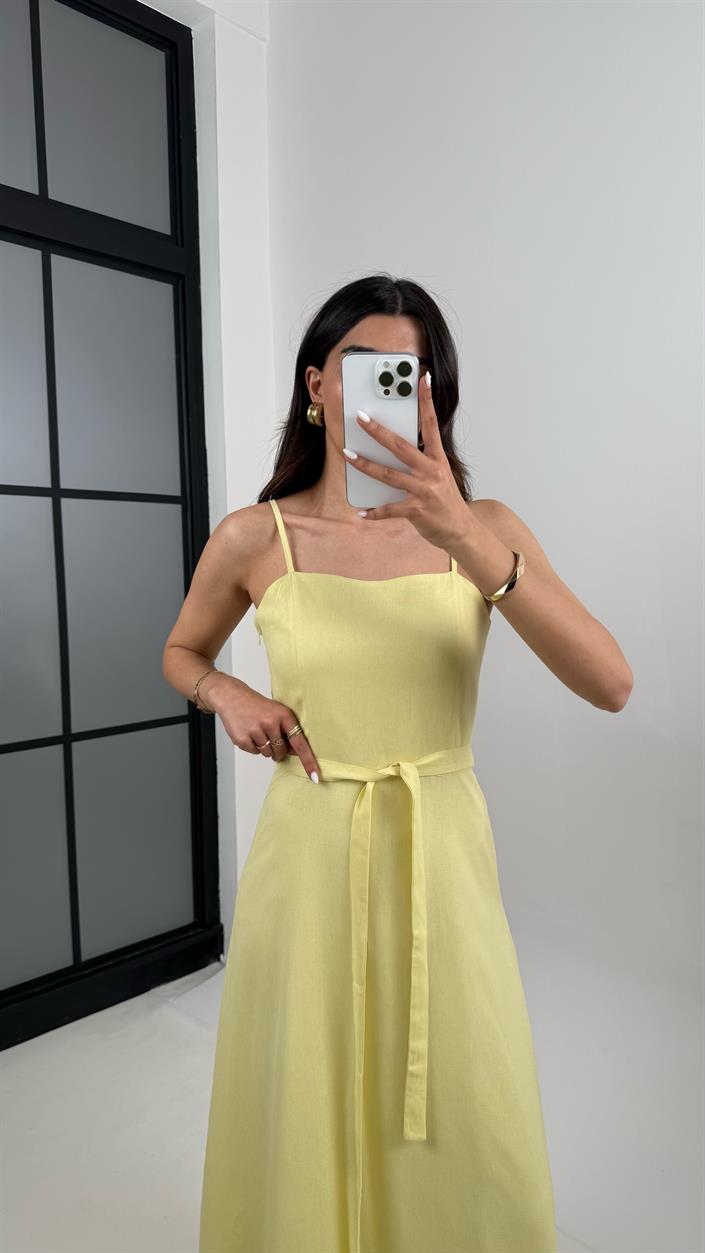 Sarı Ayarlanabilir Askılı Kuşaklı Basic Keten Elbise Gaus00387