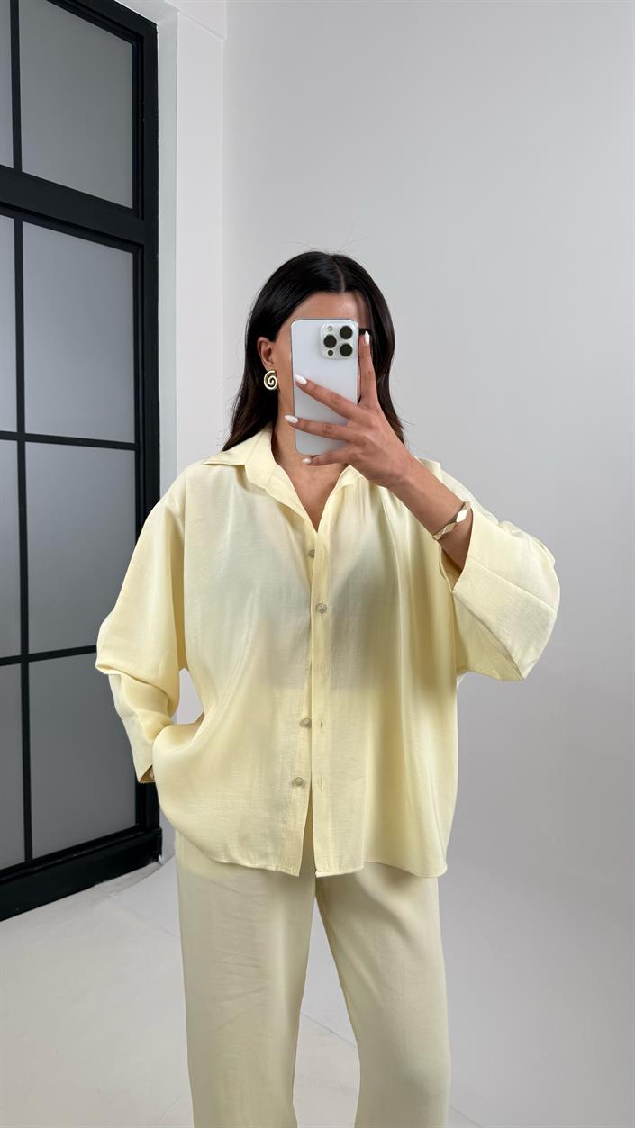 Sarı Önü Düğmeli Gömlek Beli Lastikli Cepli Pantolon MD Muadil Tencel Takım TNCL01 Gaus00390