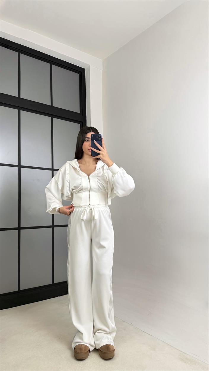 Beyaz Saten Detaylı Hırka Beli Lastikli Pantolon Tasarım Takım GAUS-01096