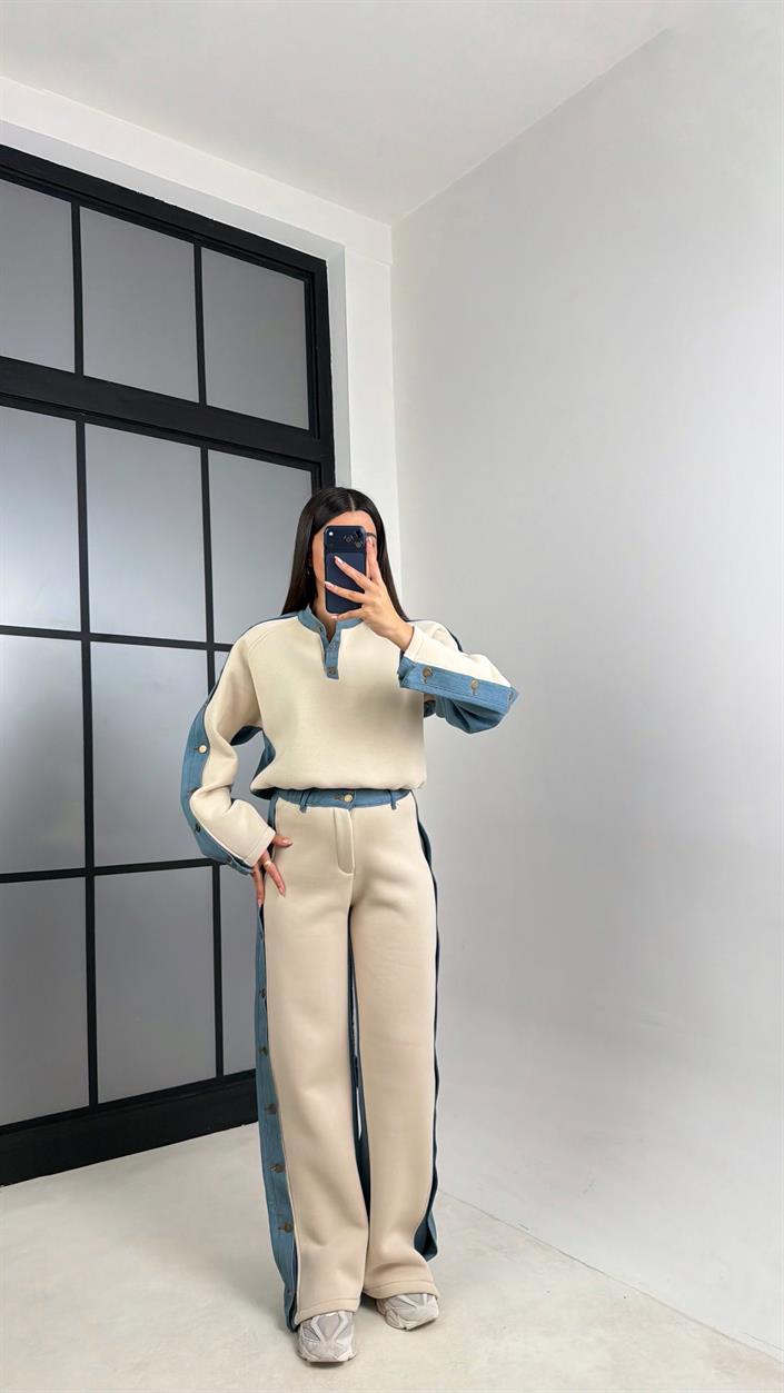 Taş Denim Detaylı Şardonlu Sweatshirt Eşofman Takım GAUS-00839