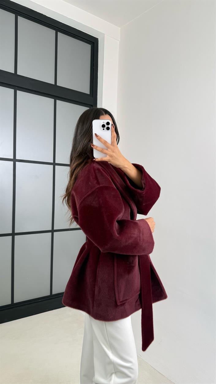 Bordo Kuşaklı Astarlı Kürk GAUS-00183