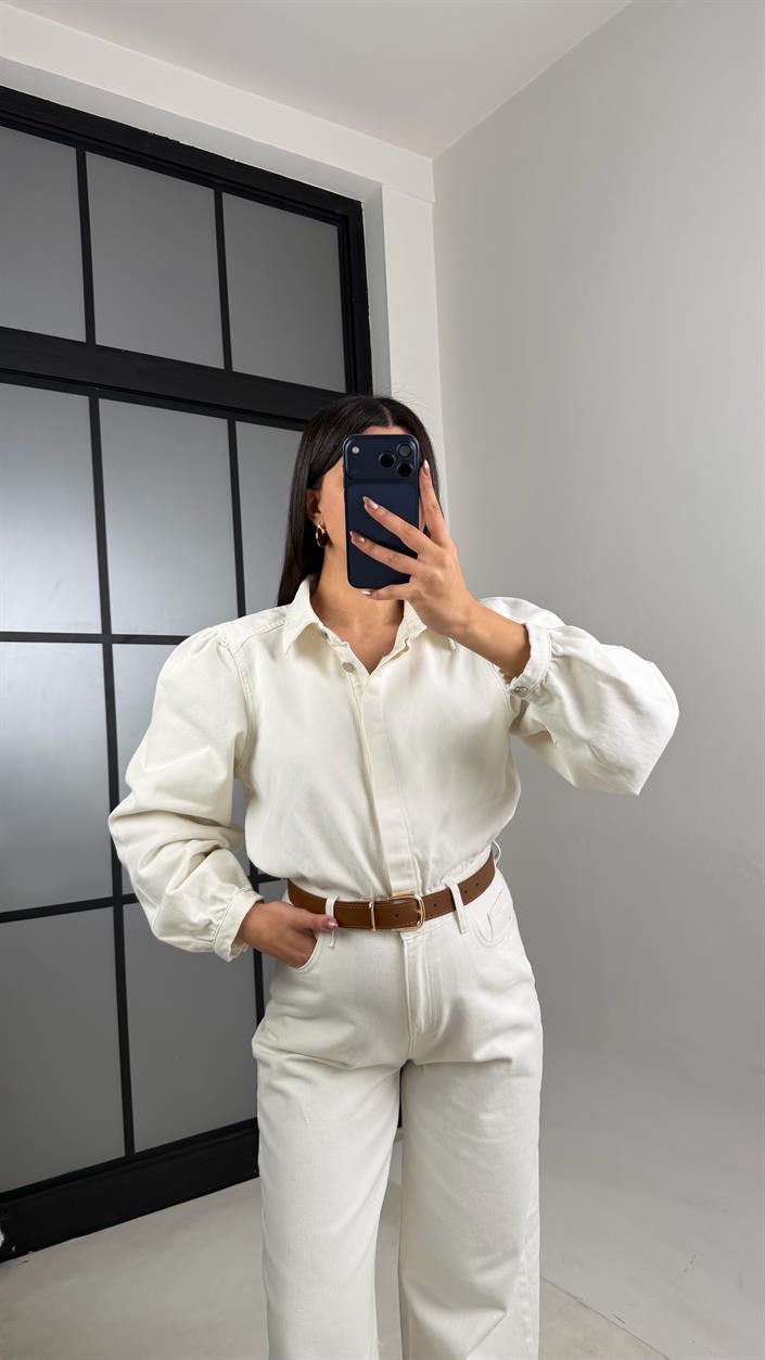 Ekru Kemerli Premium Denim Tulum GAUS-00673