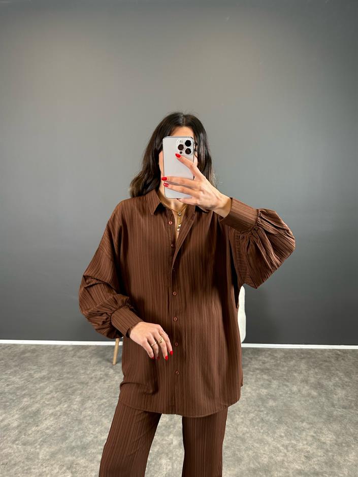 Heidy Kahverengi Gofre Kumaş Kemerli İkili Takım