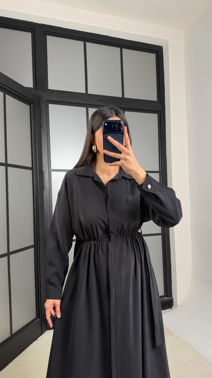 Siyah Beli Lastikli Kuşaklı Tencel Elbise GAUS-01286