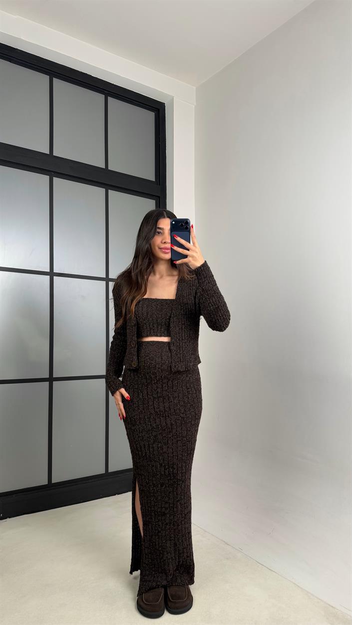 Acı Kahve Hırka Crop Beli Lastikli Yırtmaç Detaylı Etek Triko Takım GAUS-00969