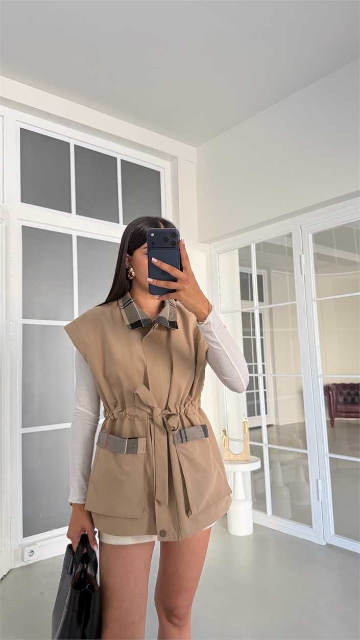 Camel Ekose Detaylı Astarlı Cepli Yelek GAUS-02010