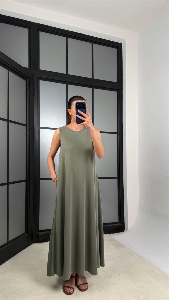 Haki Sıfır Kol Basic Modal Kumaş Elbise GAUS-01329