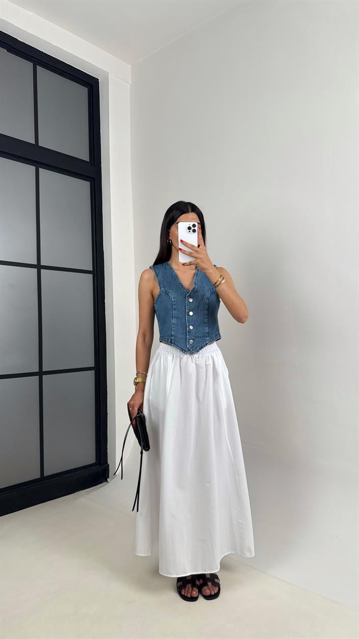 Beyaz Beli Lastikli Cepli Poplin Etek Gaus00485
