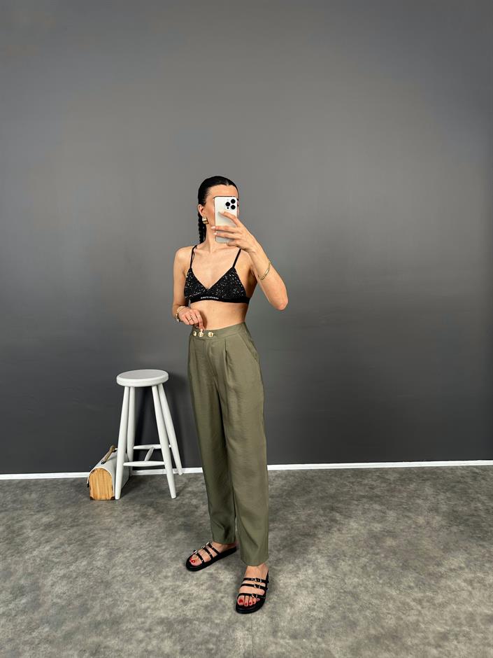 Fortuo Haki Gold Düğmeli Premium Pantolon