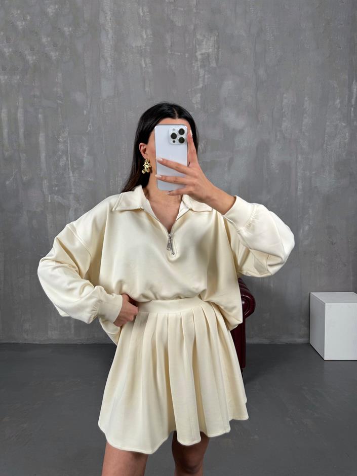 Mizu Krem Yaka Fermuarlı Sweat Pileli Şortlu Etek Modal Takım