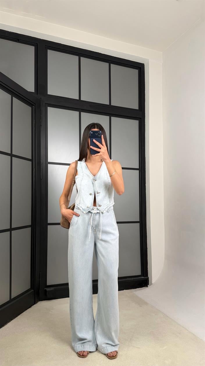 Buz Mavi Yelekli Beli Kuşaklı Pantolon İkili Denim Takım GAUS-01379